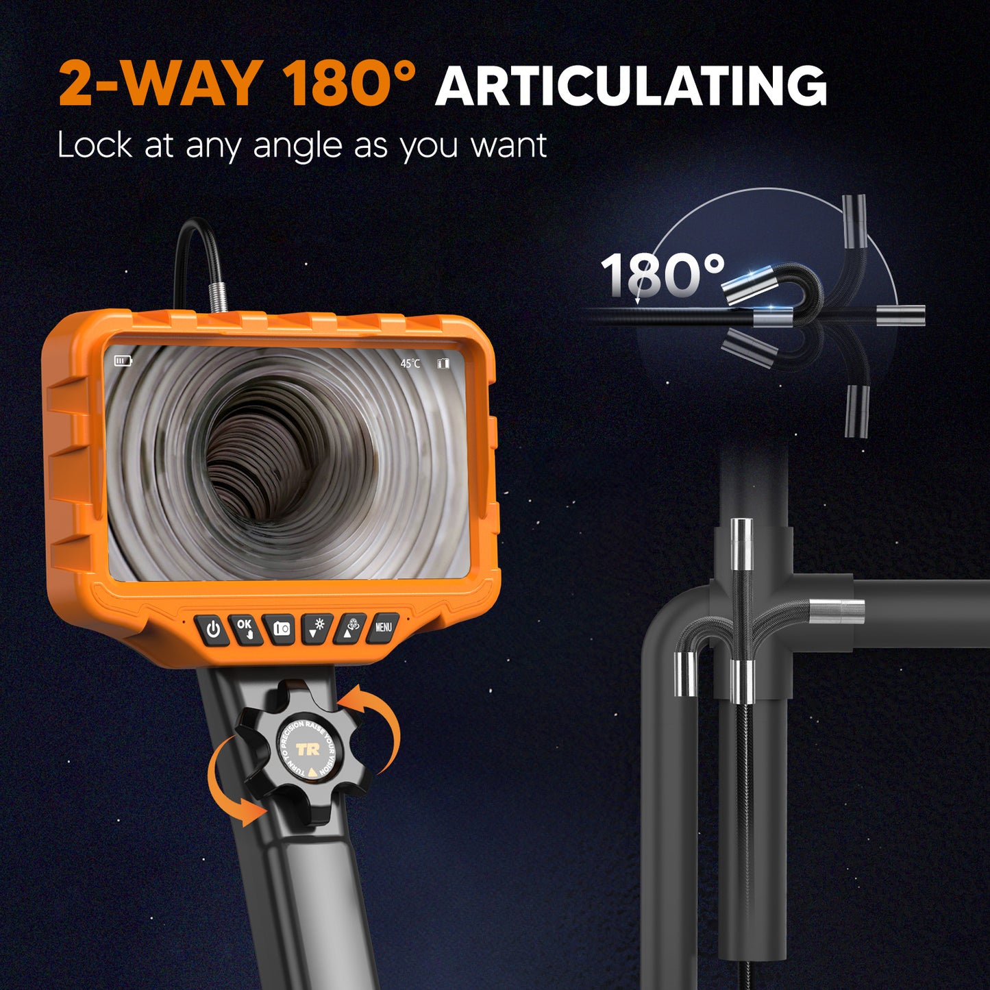 Two-Way Articulating Borescope 7'' IPS 5.3FT Screen Endoscope Camera