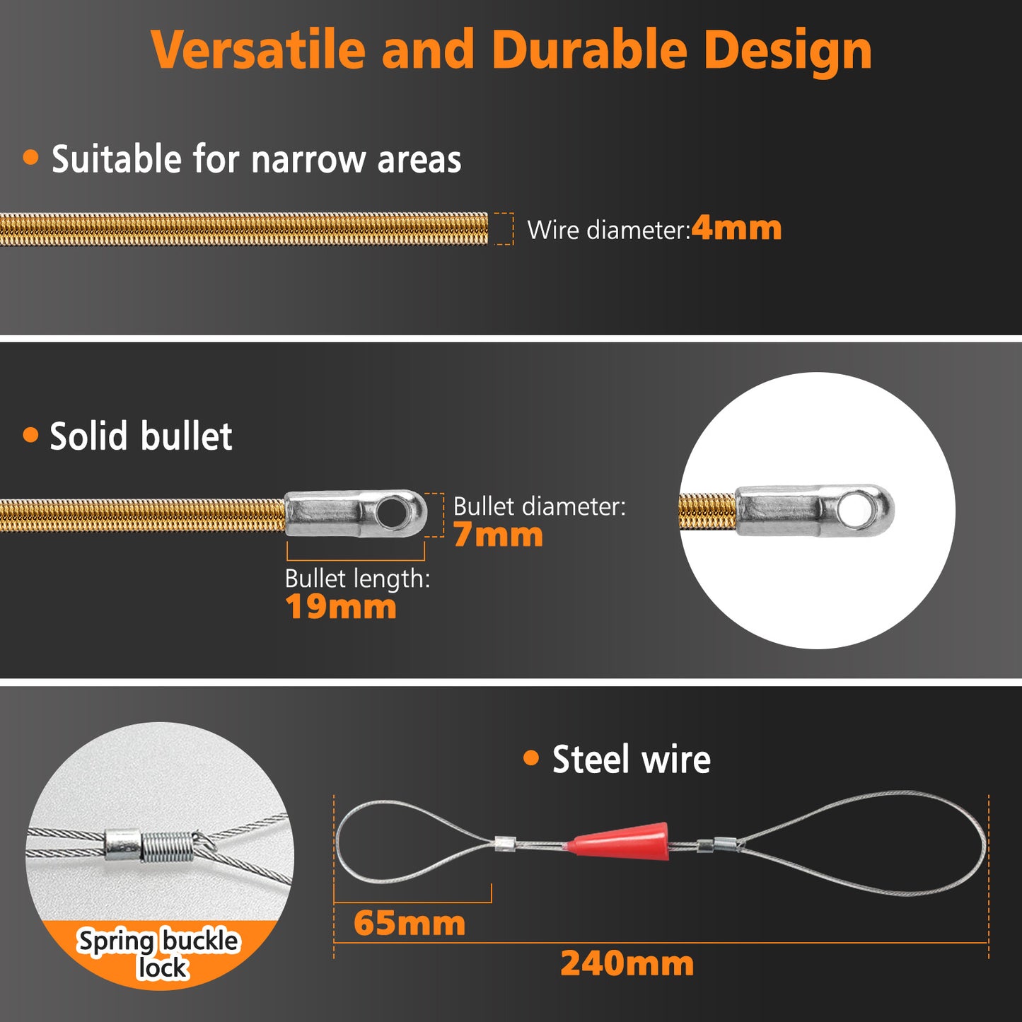 50FT Fish Tape Wire Puller Threader OD 7mm with Steel Rope Puller Borescope Helper Through Wall